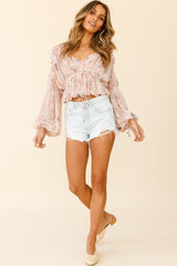 Beau Balloon Sleeve Drawstring Top Ornate Print Pink