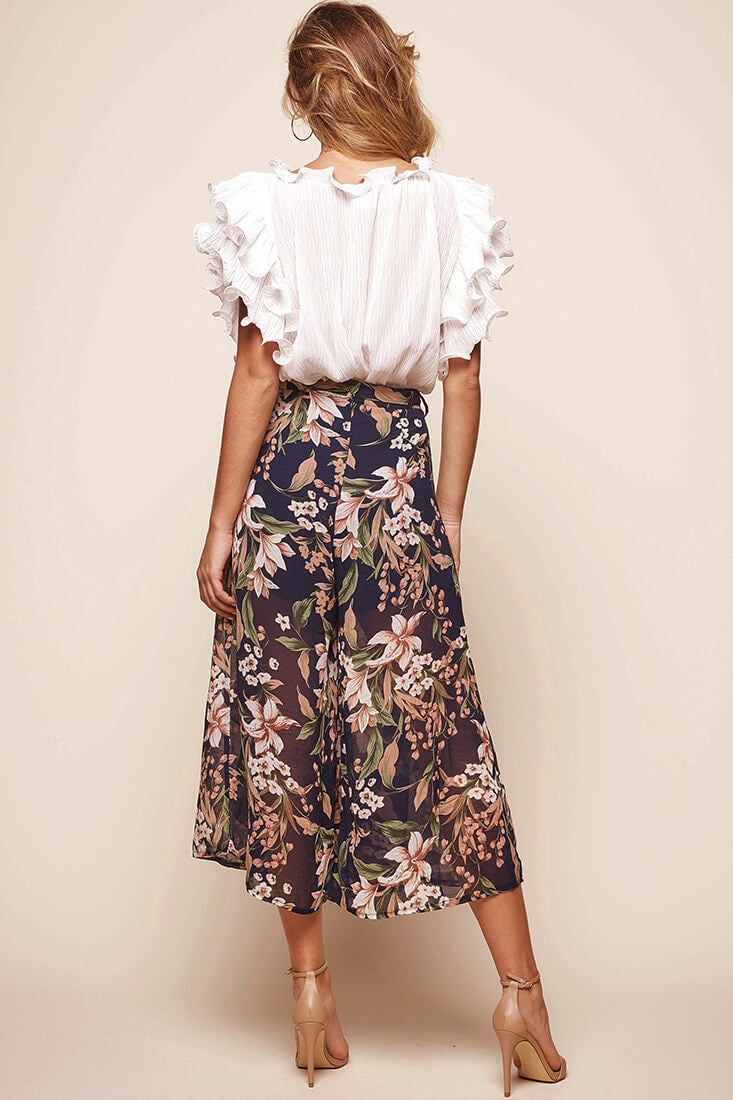 Constance Wide Leg Ruffle Pants Navy Print