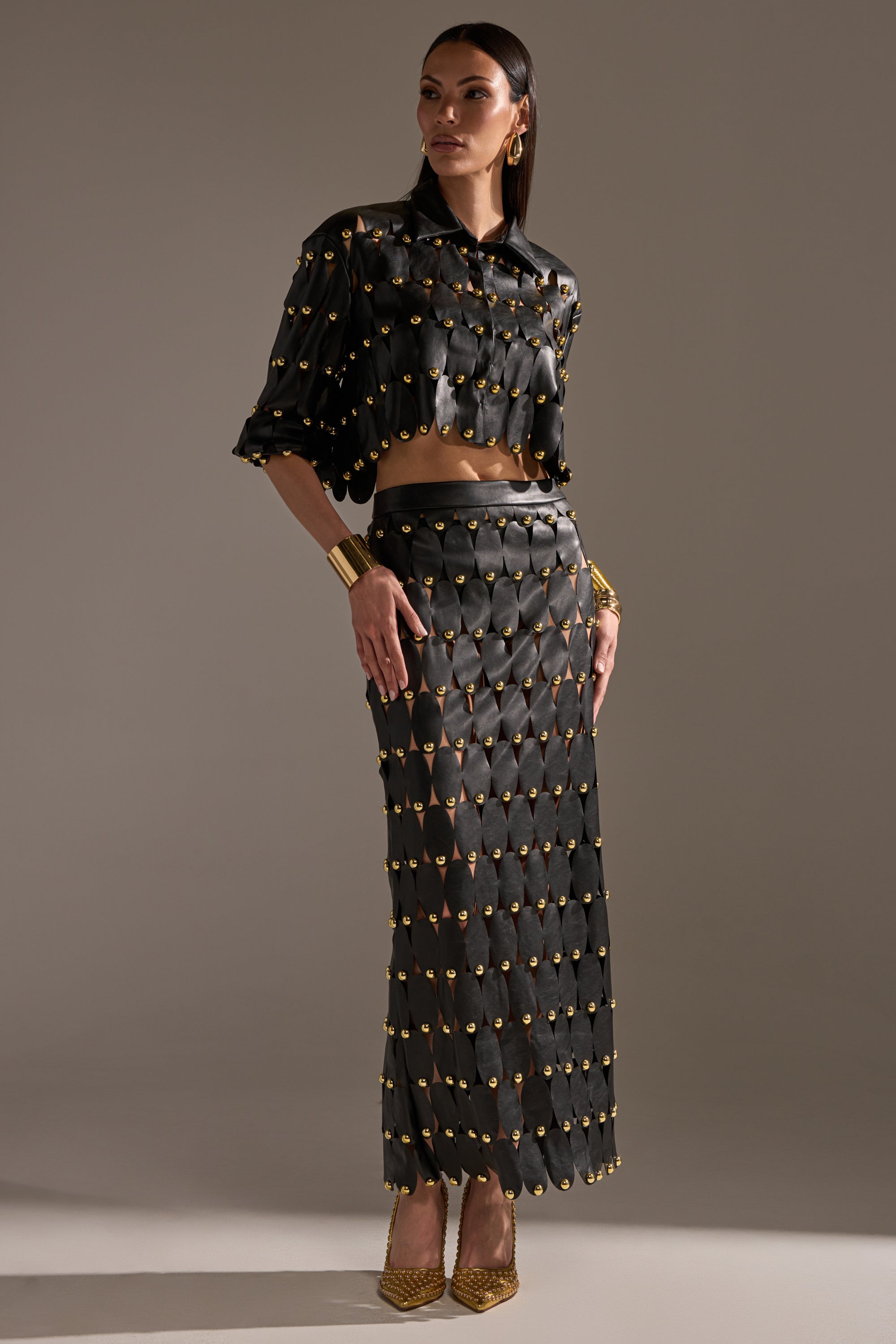 THE SNEAK PEEK STUDDED PU BLOUSE IN BLACK