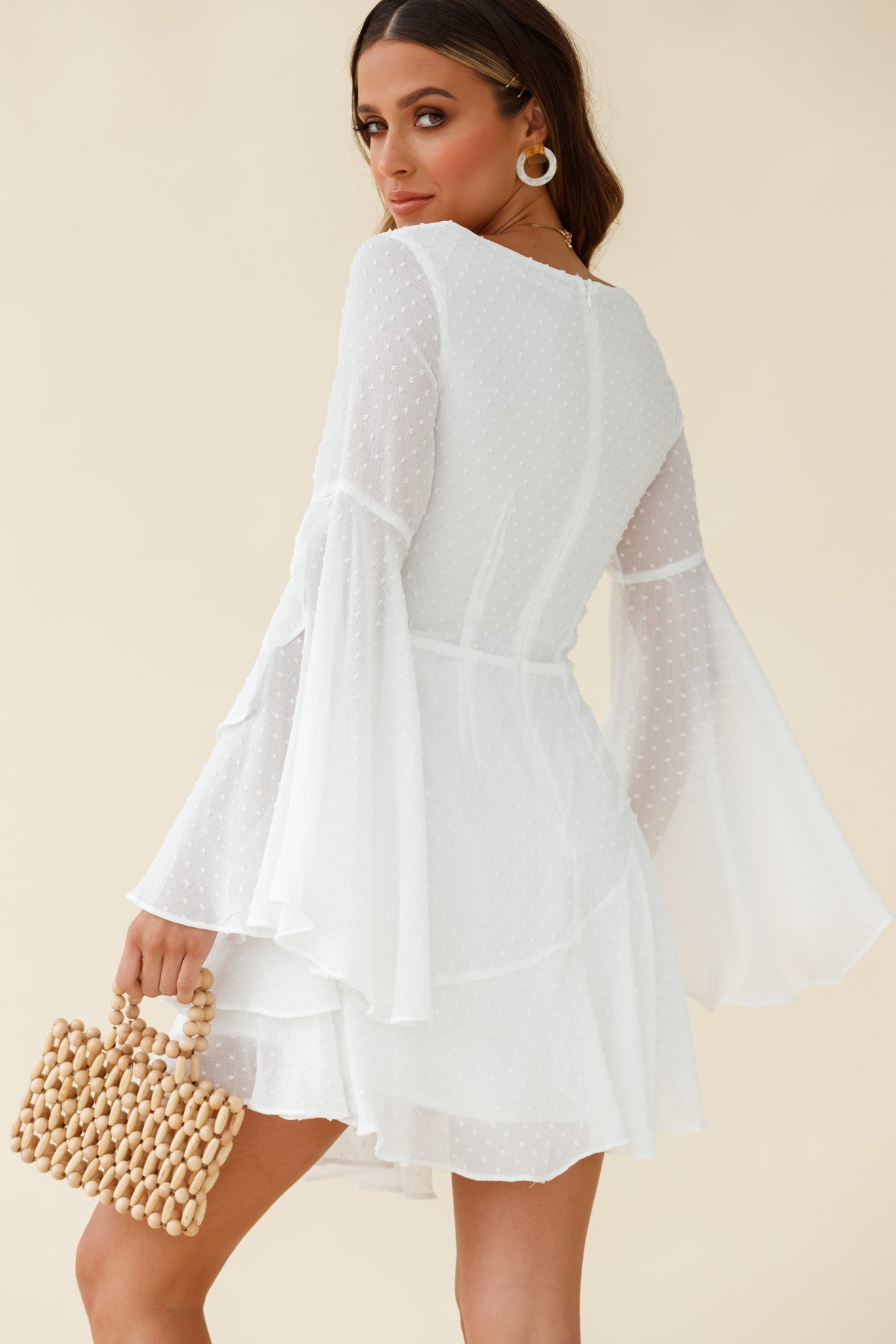 Carlini Flared Sleeve Boat Neckline Dress White