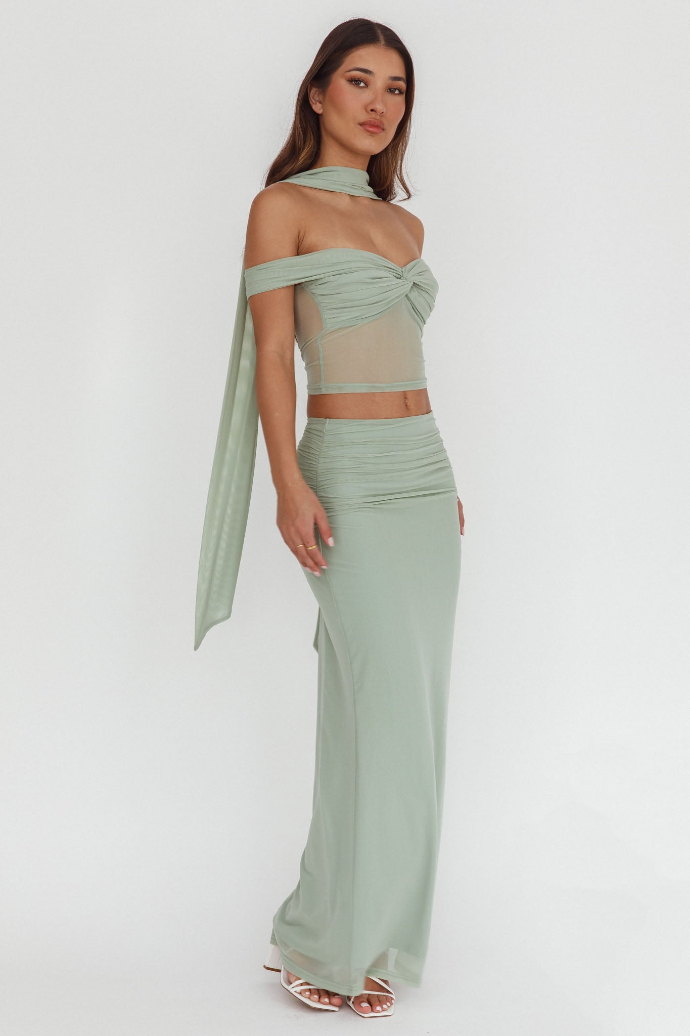 All The Lights Ruched Midi Skirt Sage
