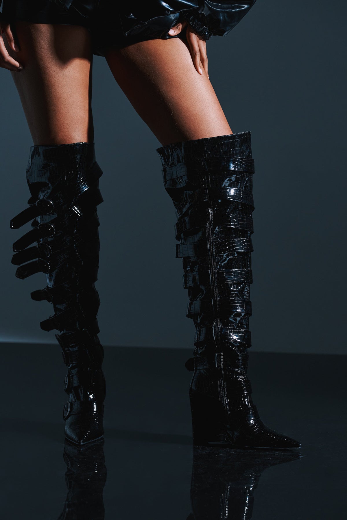 AZALEA WANG CINZIA BLACK CROC BUCKLE WEDGE BOOT