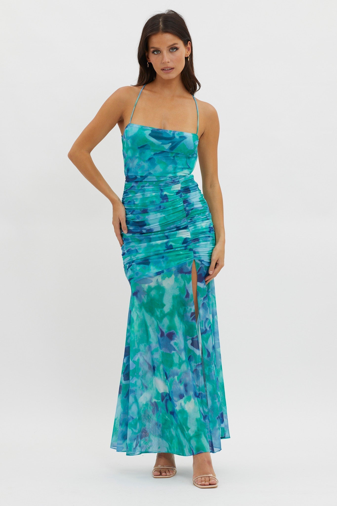 Apryl Ruched Lace-Up Back Dress Green