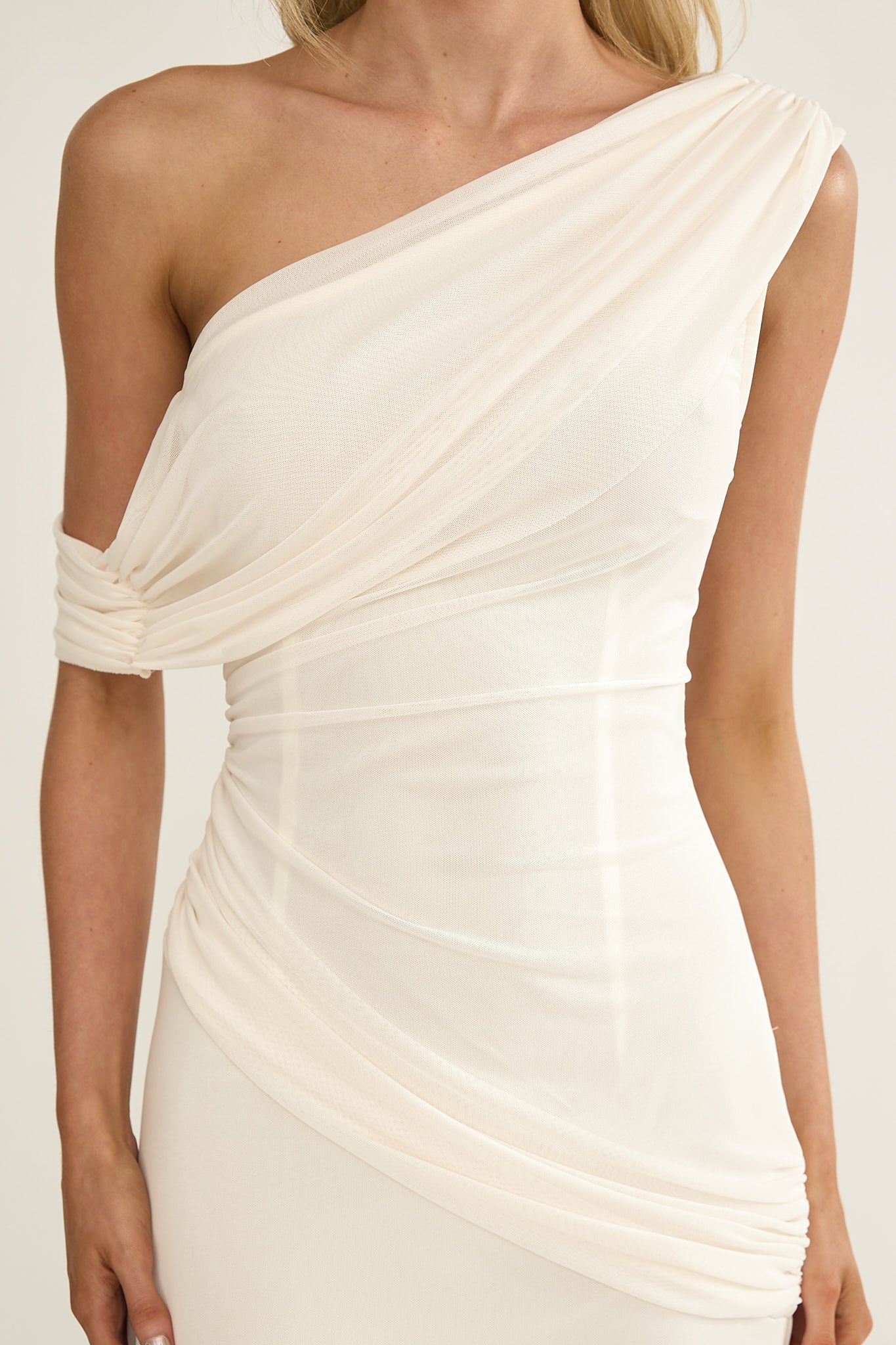 Anaisa Asymmetric Neckline Draped Maxi Dress Oyster