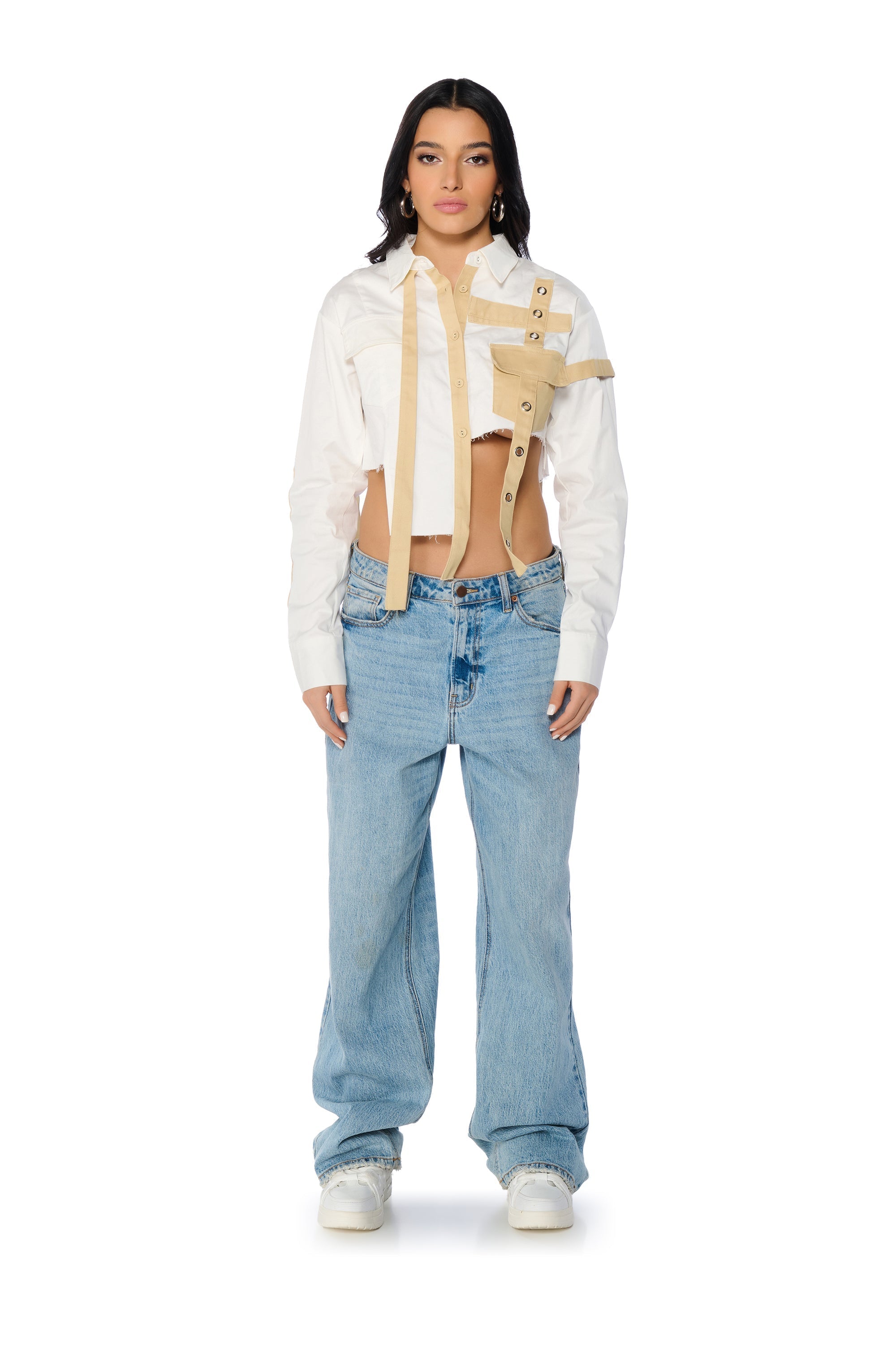 PARK STRAP DETAIL BUTTON DOWN BLOUSE IN WHITE MULTI